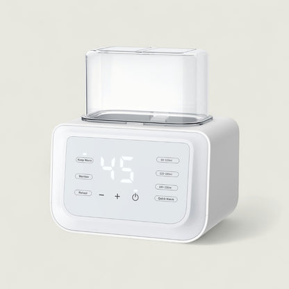 White electronic device with digital display on a light beige background