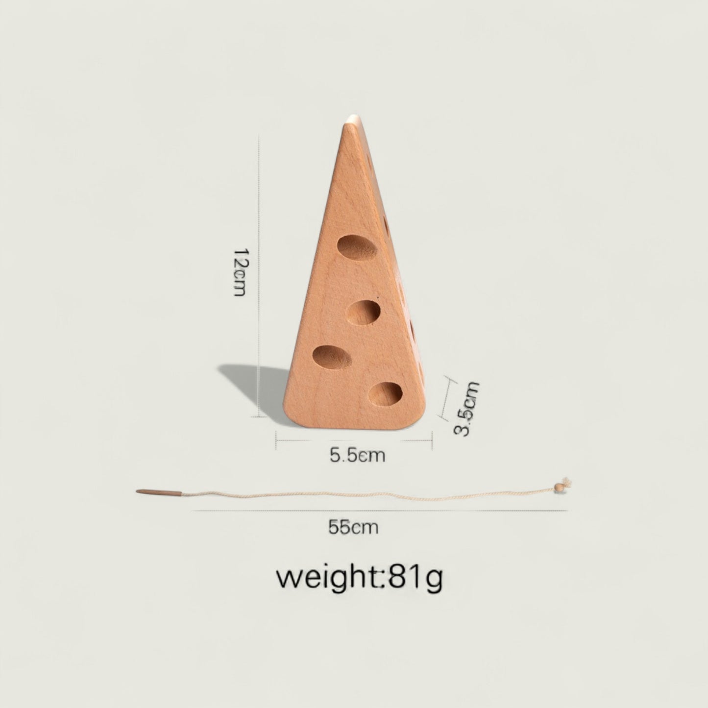 Wooden toy with dimensions and weight on a light gray background