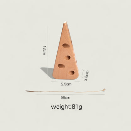 Wooden toy with dimensions and weight on a light gray background