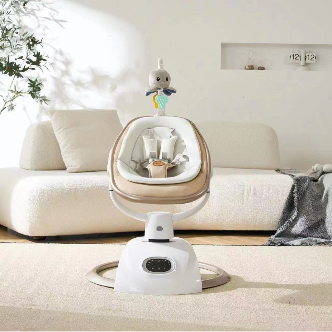 Baby swing with toy in a living room setting