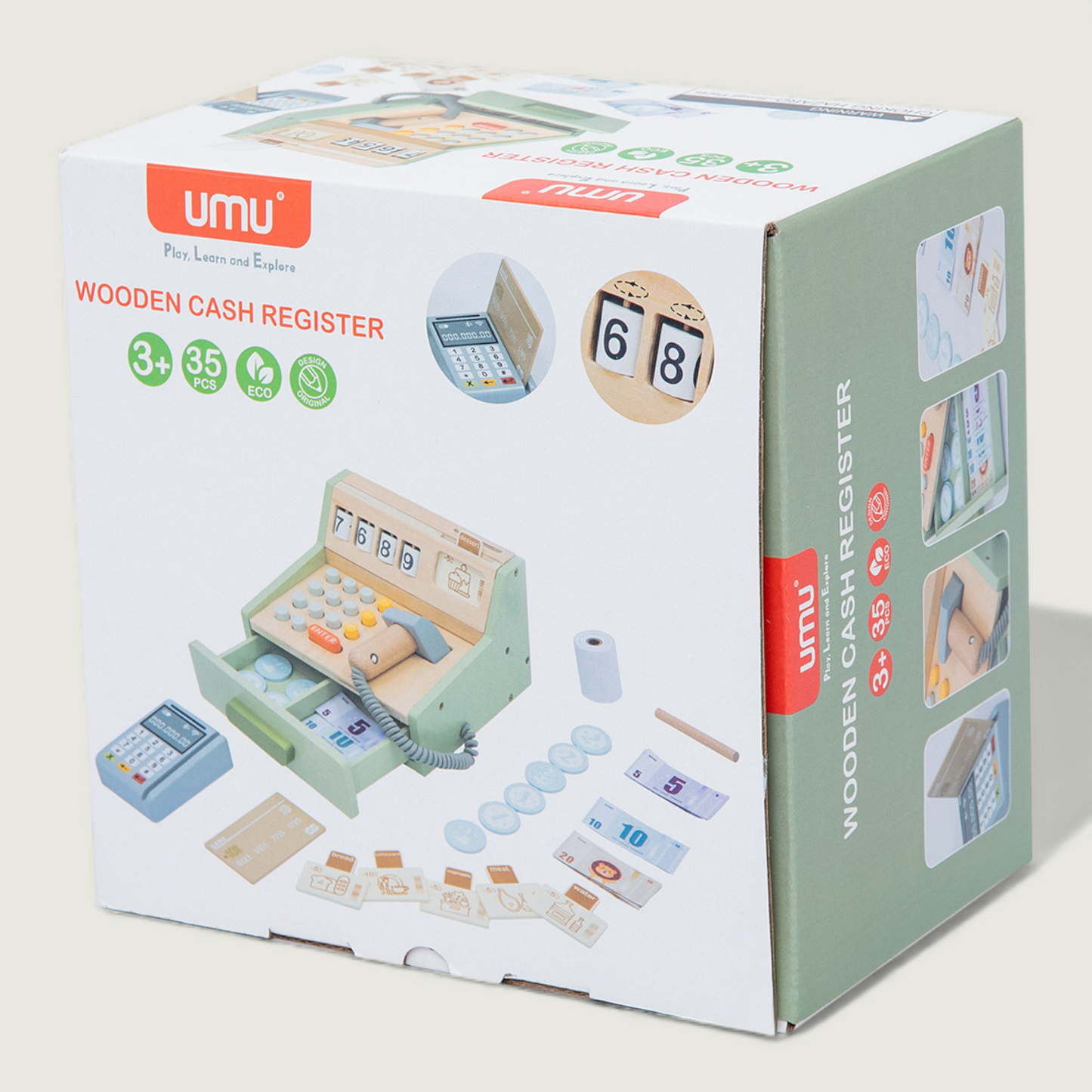 Box of a wooden cash register toy by UMU on a light background