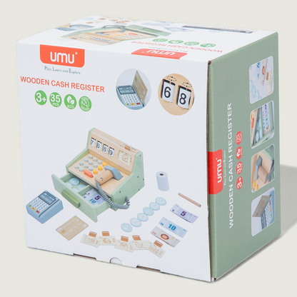 Box of a wooden cash register toy by UMU on a light background