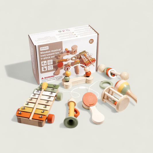 Wooden musical instrument toy set with packaging on a light gray background