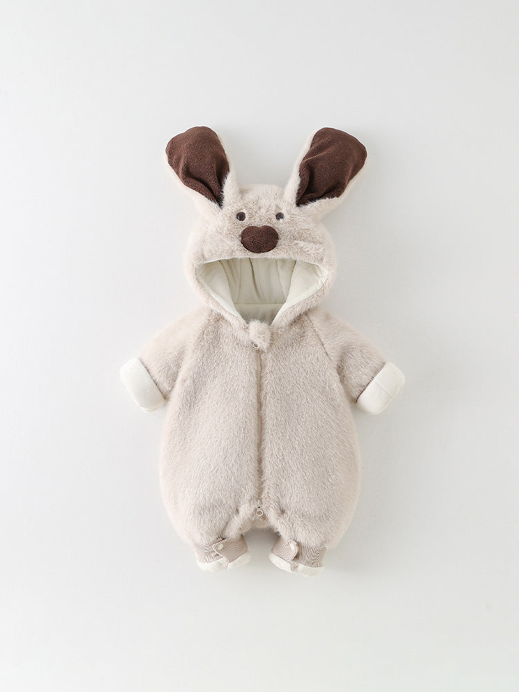 Plush puppy jumpsuit, front view