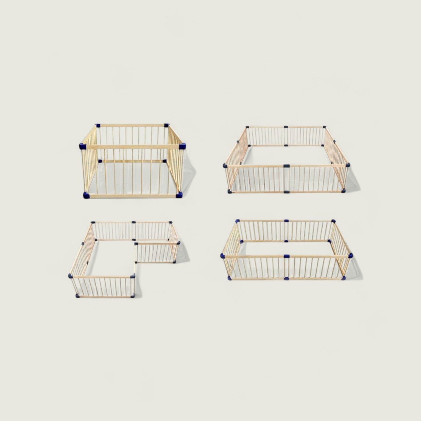 Four wooden playpen sections with metal grids on a light beige background