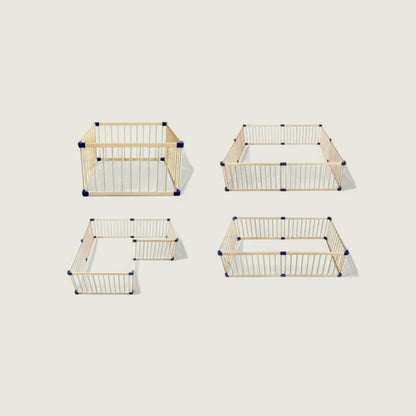 Four wooden playpen sections with metal grids on a light beige background