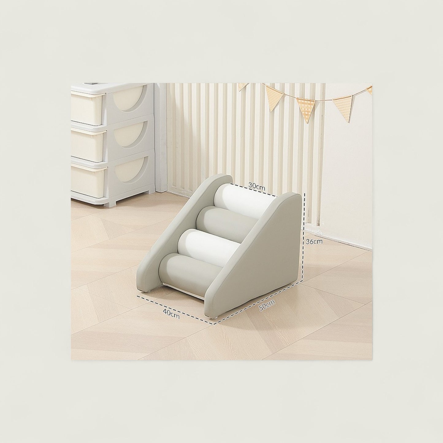 Baby crib with a set of stairs and dimensions displayed