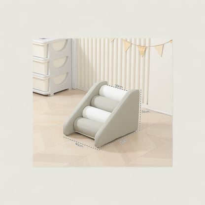 Baby crib with a set of stairs and dimensions displayed