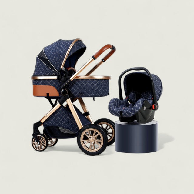 Navy blue baby stroller and car seat set on a beige background