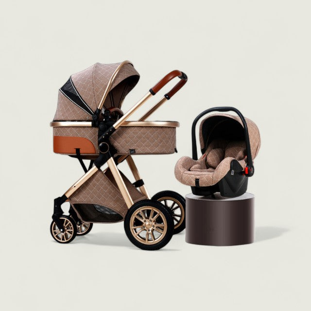 Brown baby stroller and car seat set on a beige background