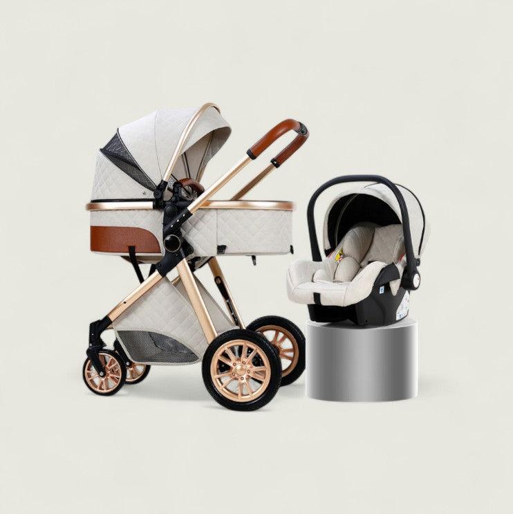 Baby stroller and car seat set on a light background