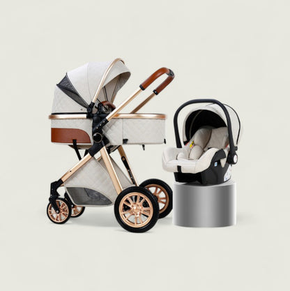 Baby stroller and car seat set on a light background
