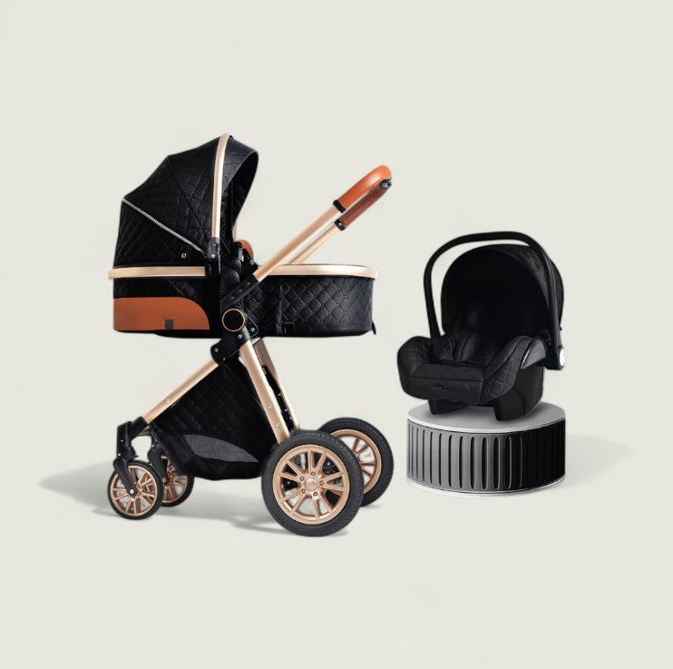 Black and rose gold baby stroller with car seat on a light beige background
