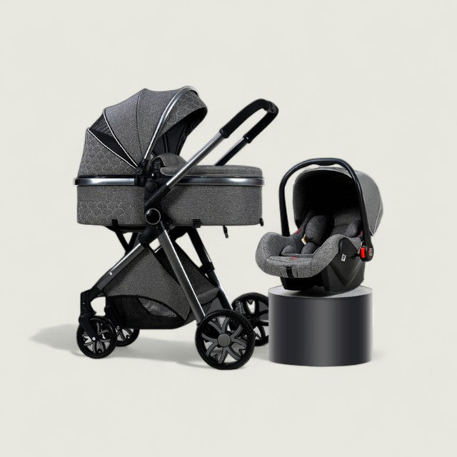 Gray baby stroller and car seat on a beige background