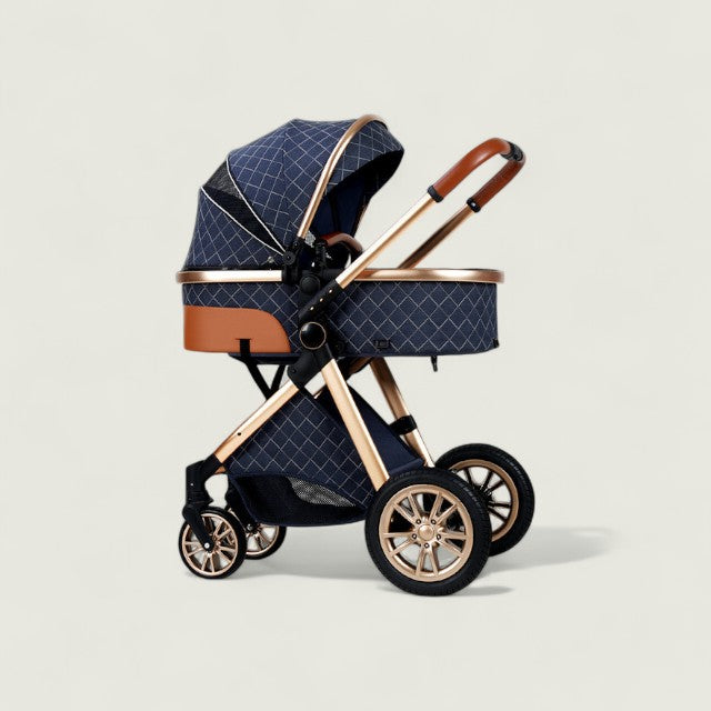 Navy blue and rose gold baby stroller on a light beige background