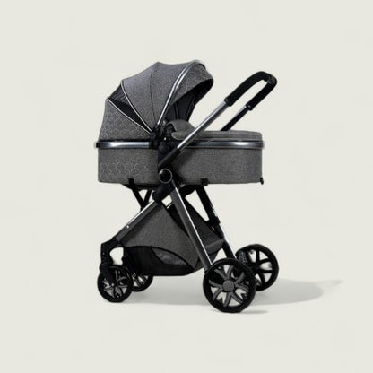 Gray baby stroller on a light beige background