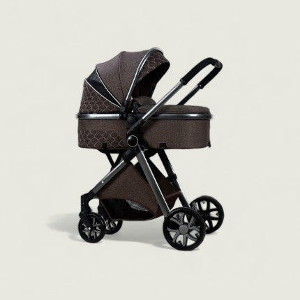 Brown baby stroller with matching bassinet on a light beige background