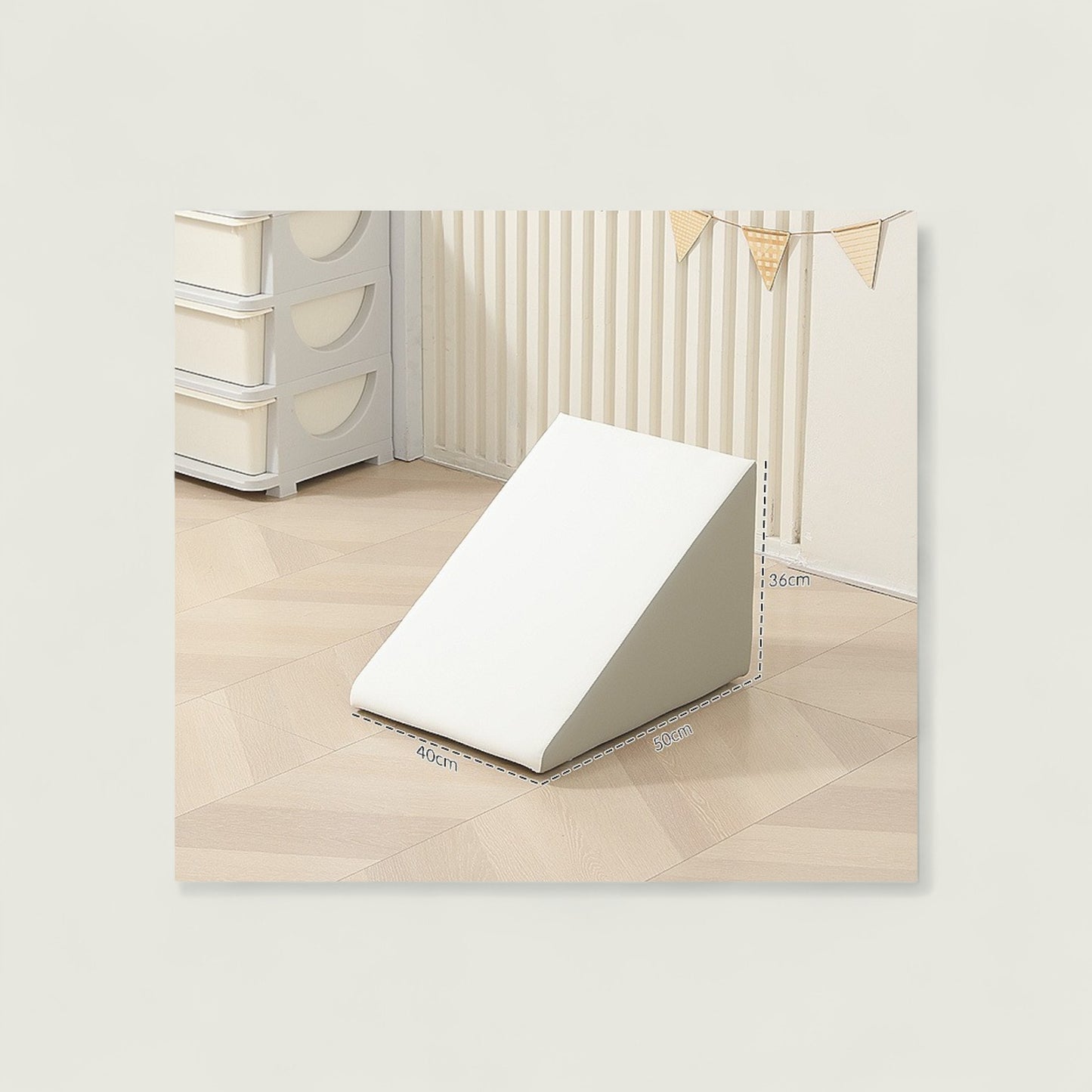 White wedge-shaped product on a light wooden floor with a neutral background