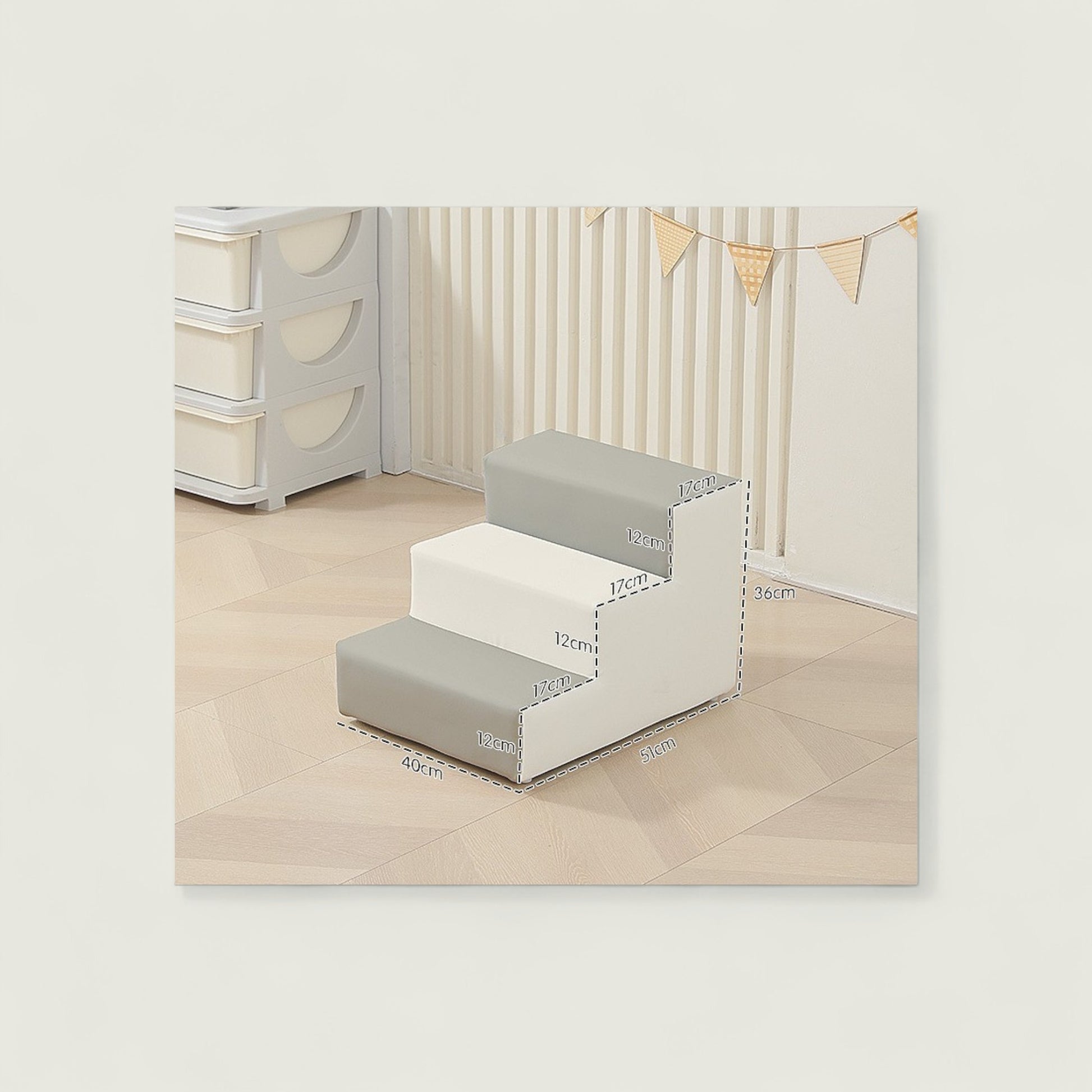 Set of pet steps with size markings in a room setting