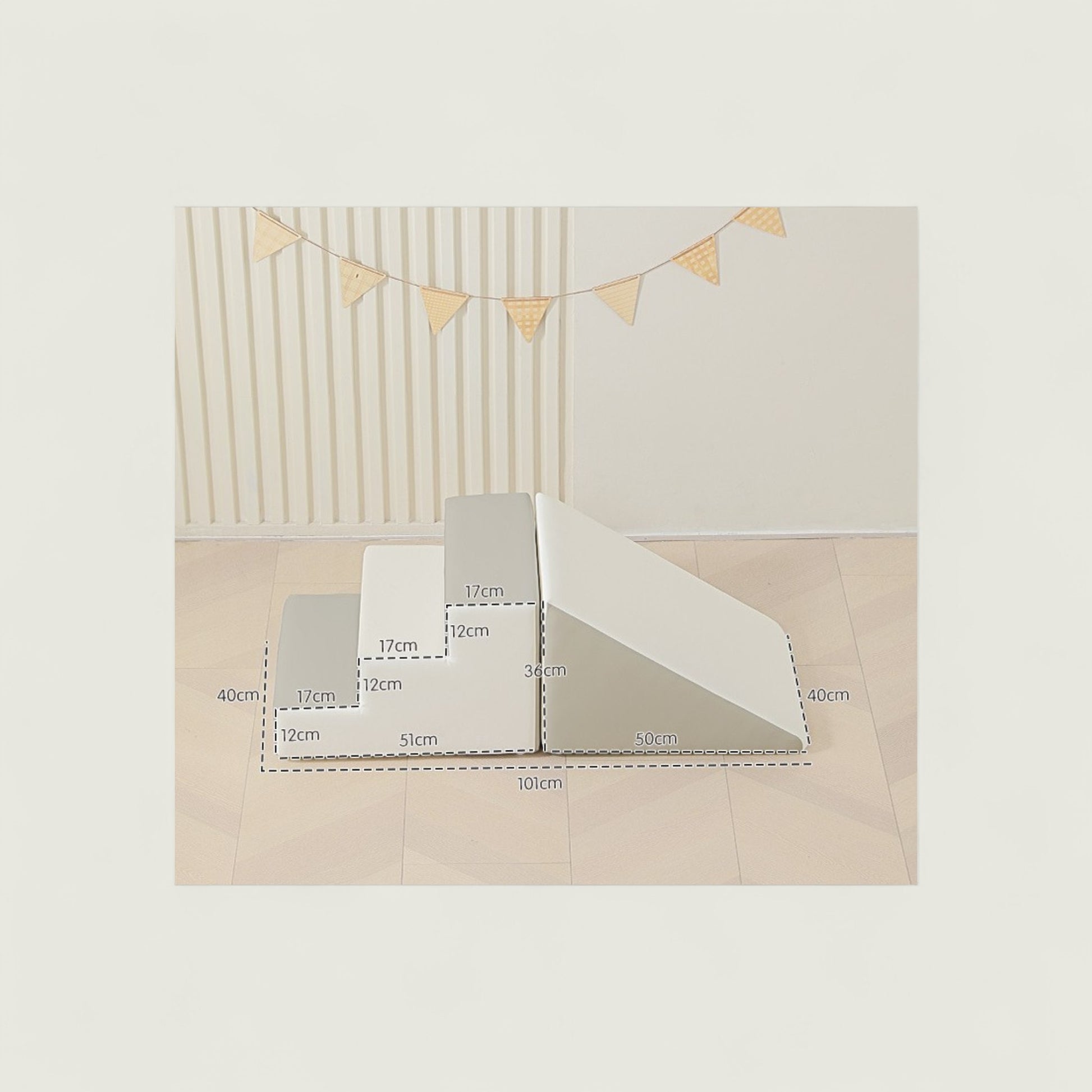 Measurement chart with geometric shapes and flags on a light background