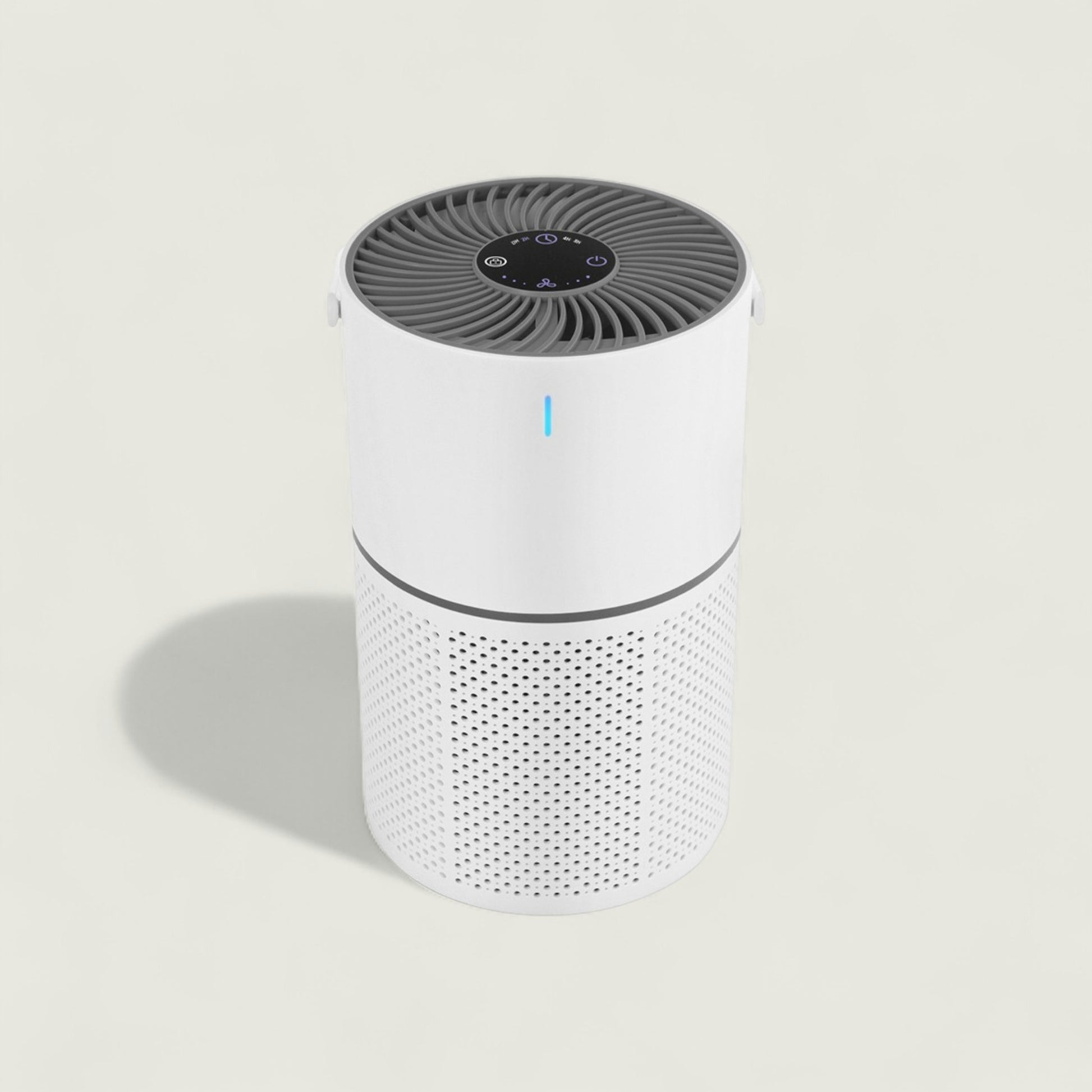 White air purifier with a gray top on a light beige background