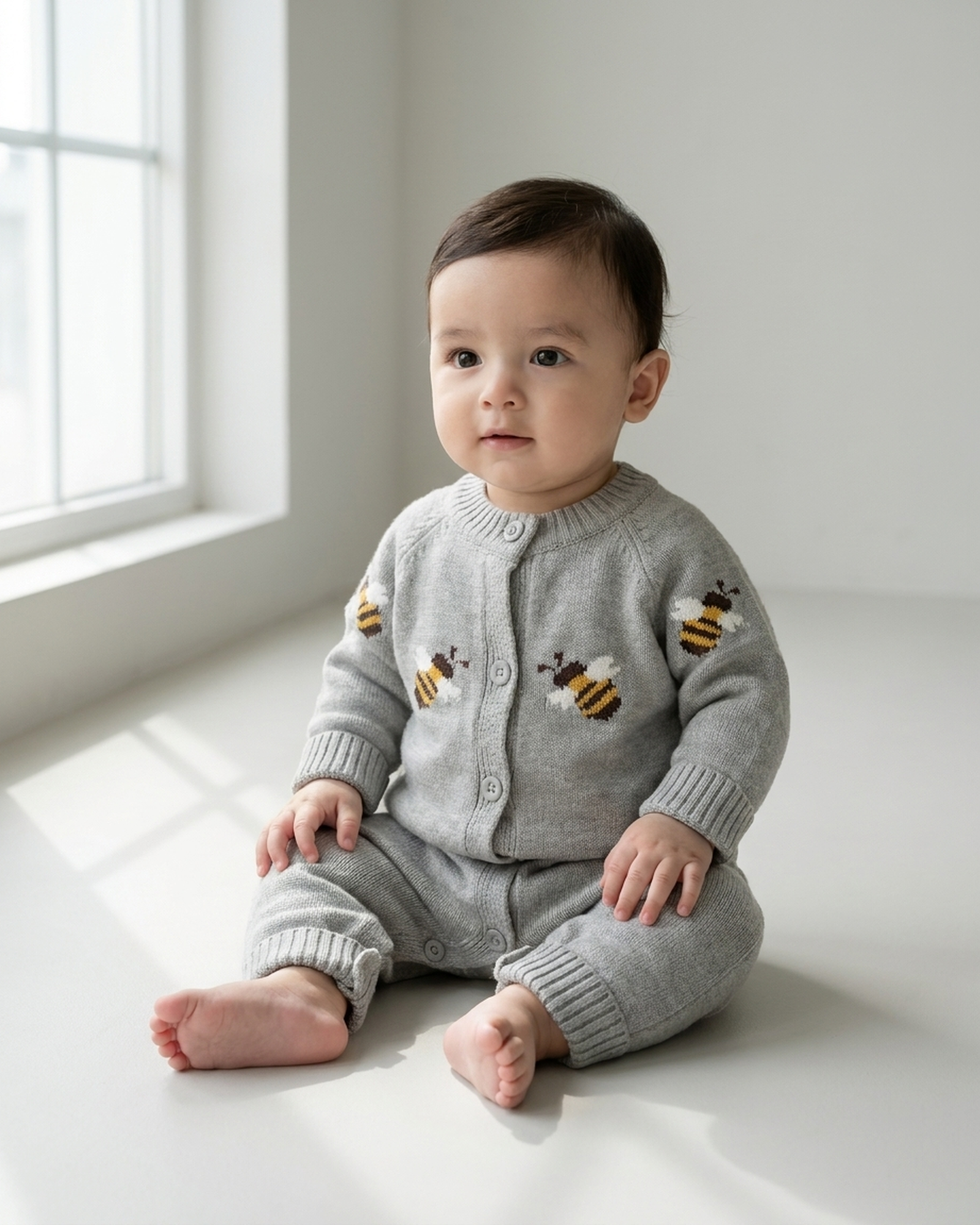PerfectBaby™ Grey Bee Knit Baby Romper