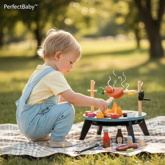 Child playing with a toy grill set outdoors on a grassy area.