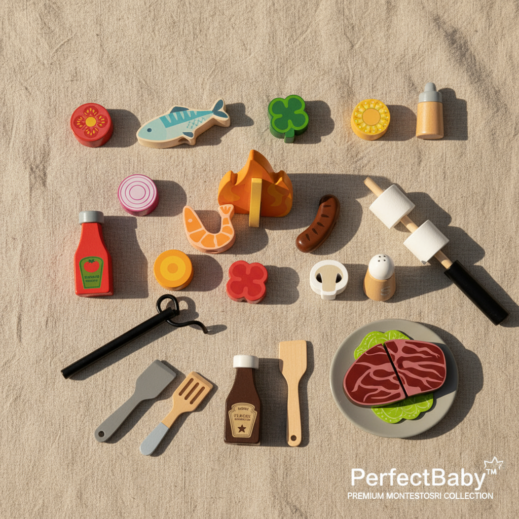 Montessori Camp Kitchen wooden BBQ play set by PerfectBaby™