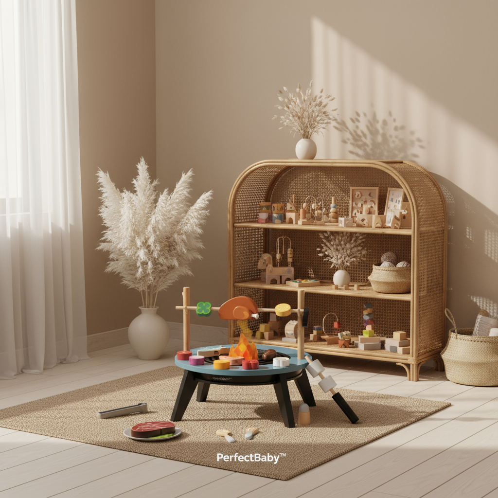 Children's play area with toys and a wooden shelf in a room with natural light.