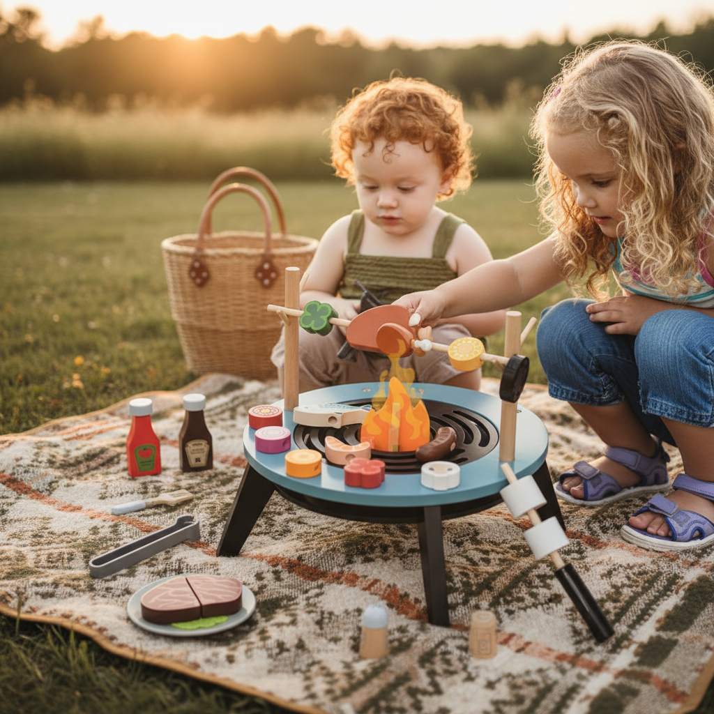 Two children playing with a toy campfire set outdoors on a blanket.