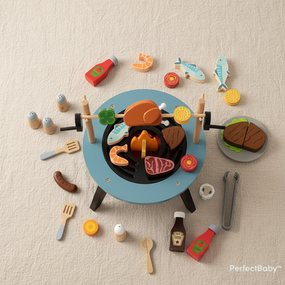 Playset of a toy barbecue with various food items on a beige surface, brand 'PerfectBaby' visible.