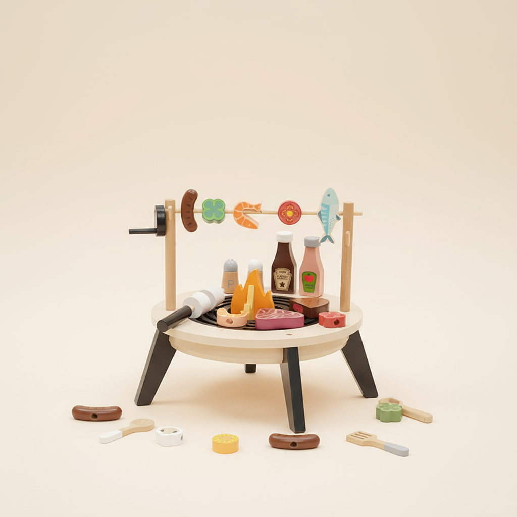 Toy barbecue set with various accessories on a beige background