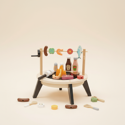 Toy barbecue set with various accessories on a beige background