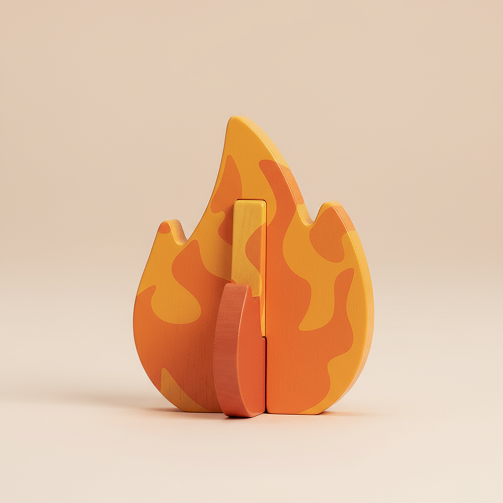Wooden toy shaped like a flame on a beige background