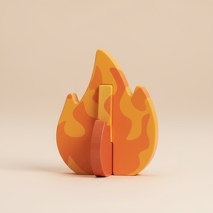 Wooden toy shaped like a flame on a beige background