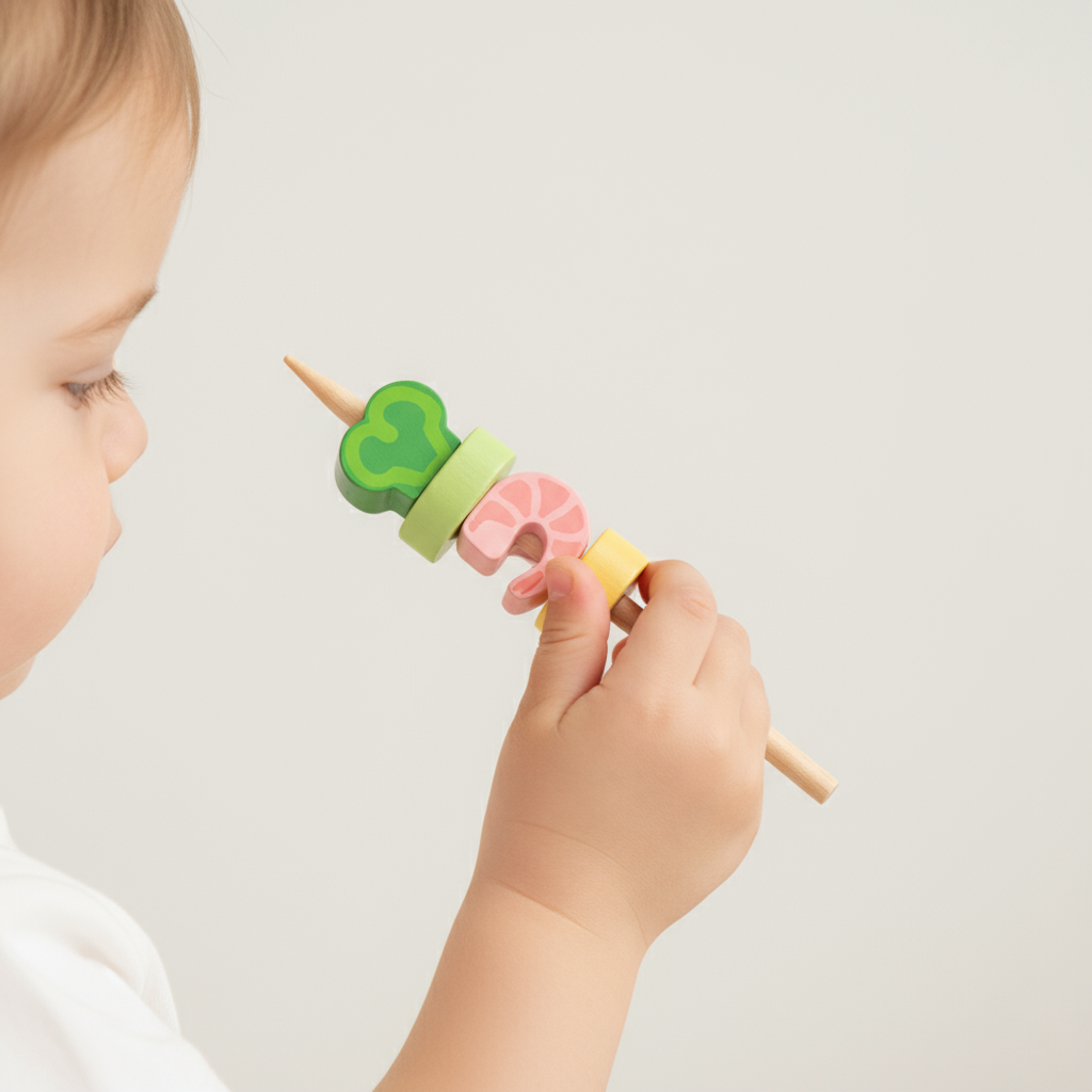 Child holding a colorful wooden toy on a light gray background