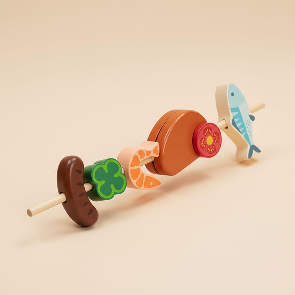 Wooden toy with various animal figures on a beige background