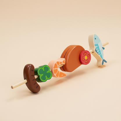 Wooden toy with various animal figures on a beige background