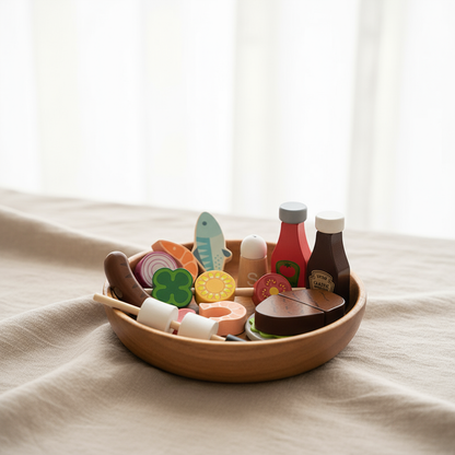 Wooden toy food set with a bowl on a light fabric background