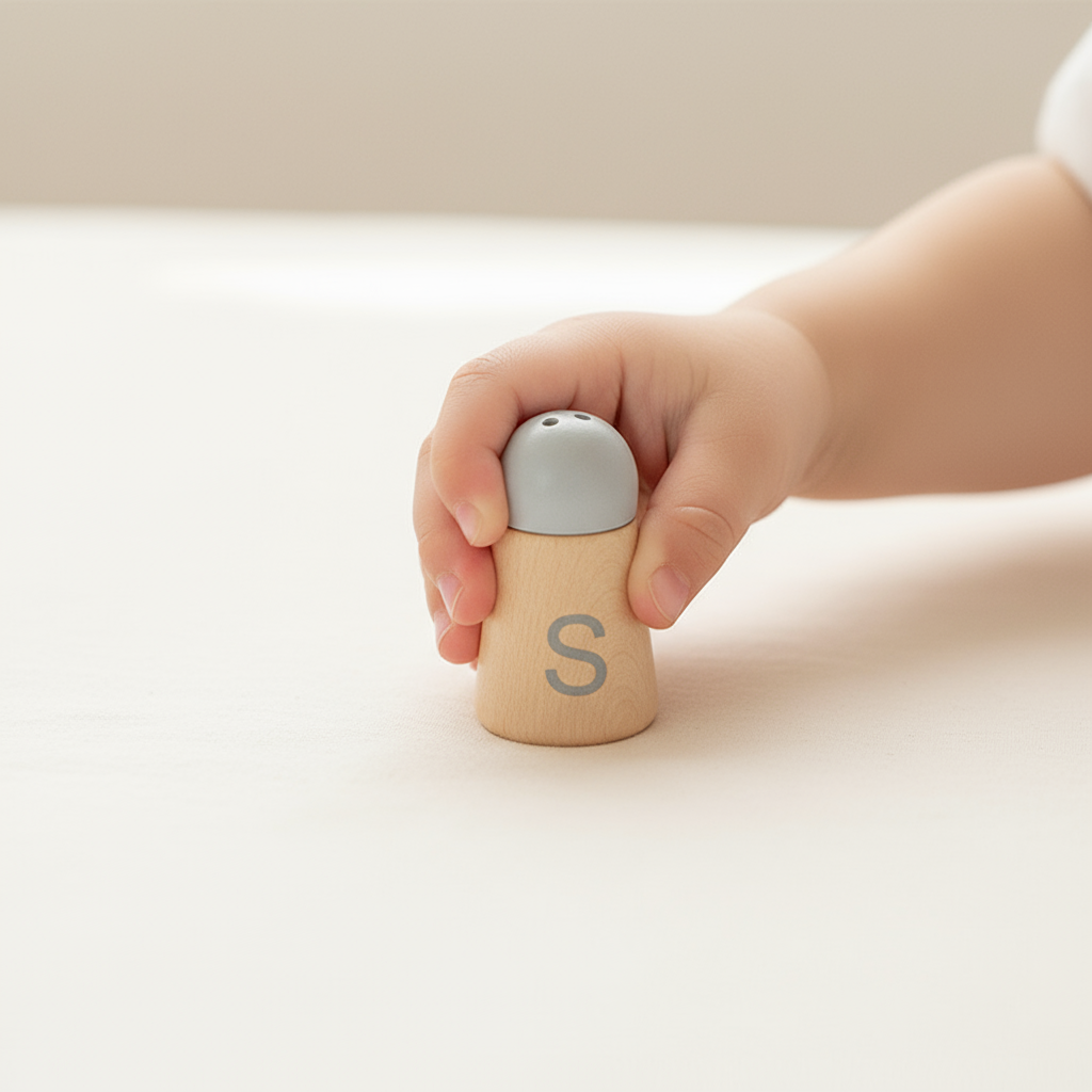 Hand holding a small wooden toy with a gray top on a light background