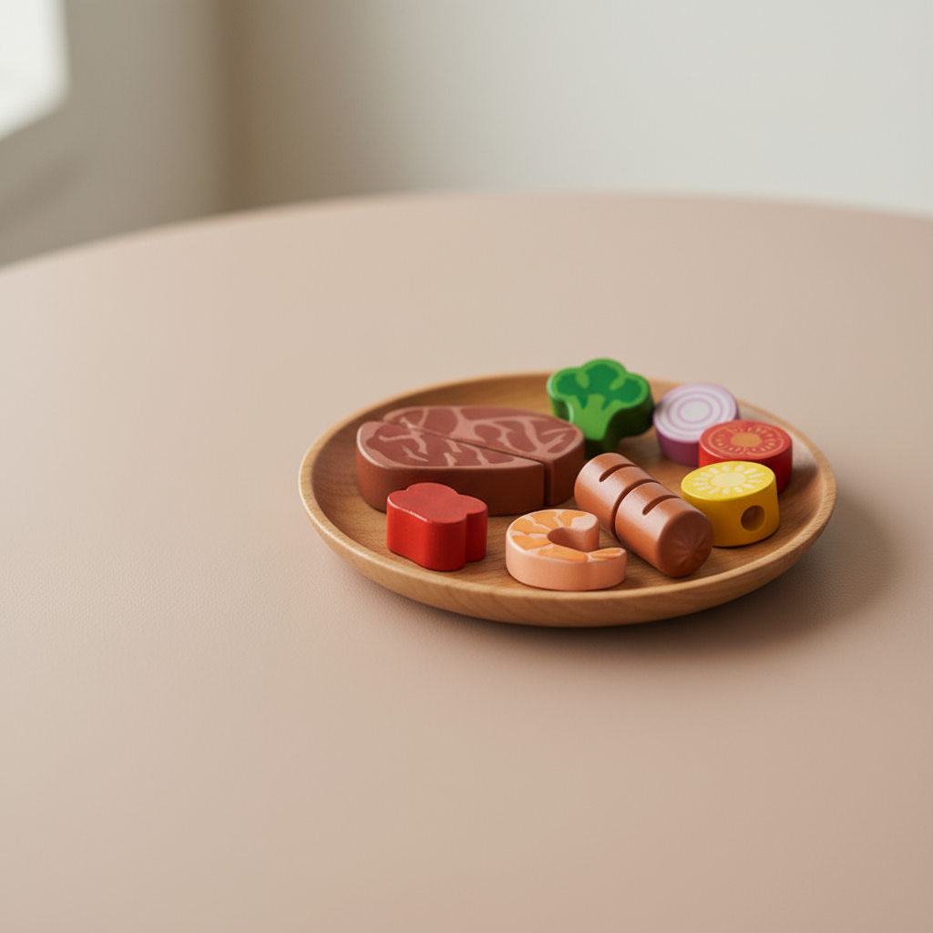 Set of toy food items on a wooden plate with a neutral background