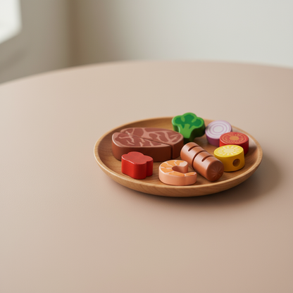 Set of toy food items on a wooden plate with a neutral background