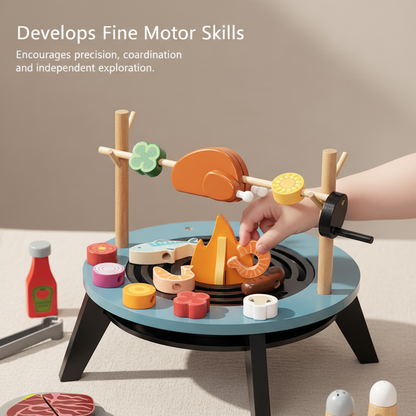 Children's play kitchen set with toy food and tools on a beige surface.