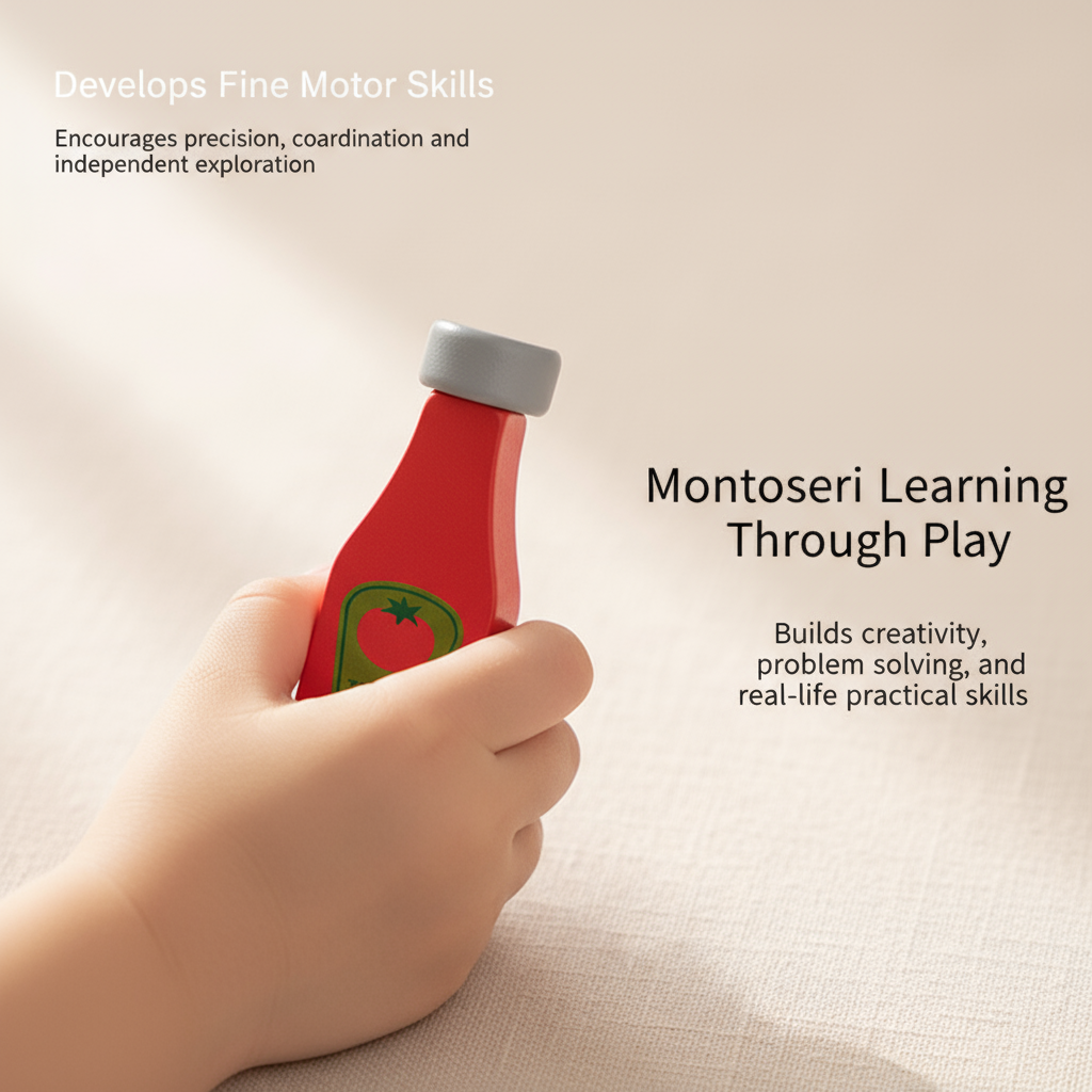 Hand holding a small red bottle with a gray cap on a beige background, promoting Montessori learning through play.