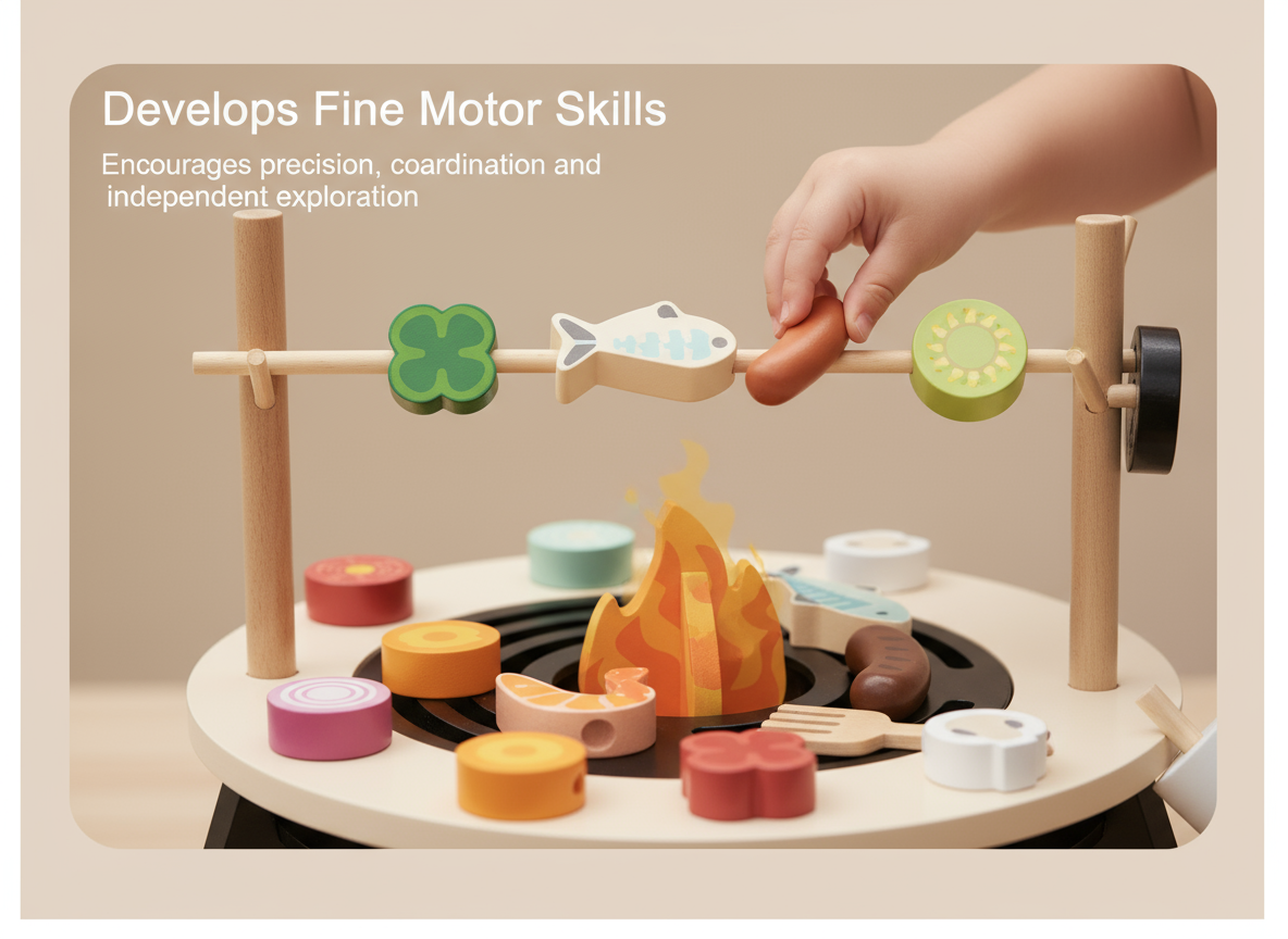 Wooden playset with a campfire and various food items, designed to develop fine motor skills.