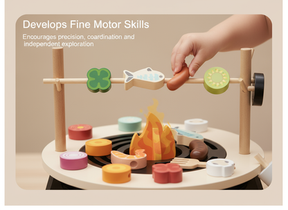 Wooden playset with a campfire and various food items, designed to develop fine motor skills.
