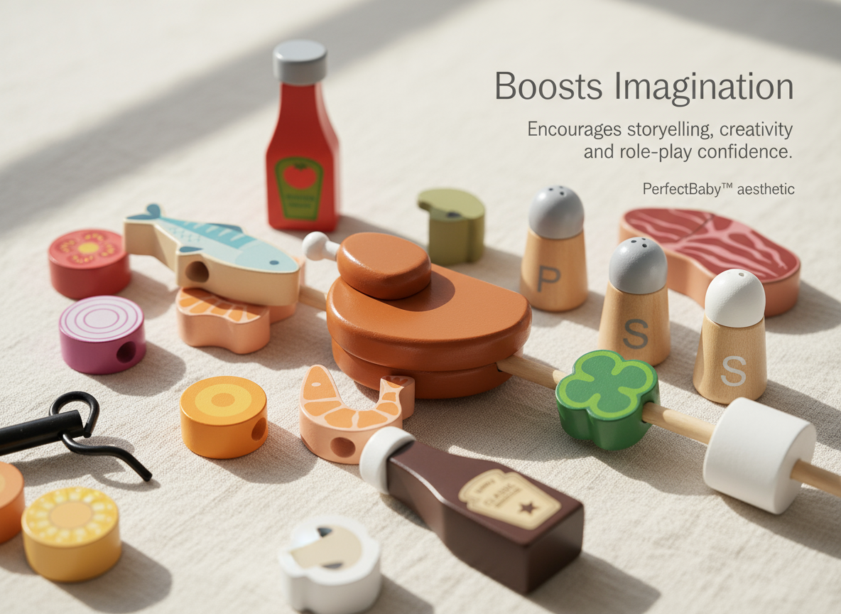 Wooden toy set with various shapes and colors on a light surface, featuring text about boosting imagination.