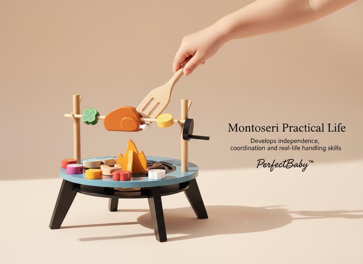 Montessori educational toy with a hand interacting with it on a beige background, featuring the brand 'PerfectBaby'.