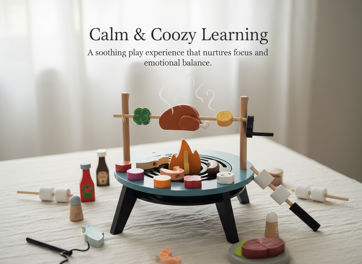 Toy barbecue set with various food items on a light surface, accompanied by text about 'Calm & Goozy Learning'.