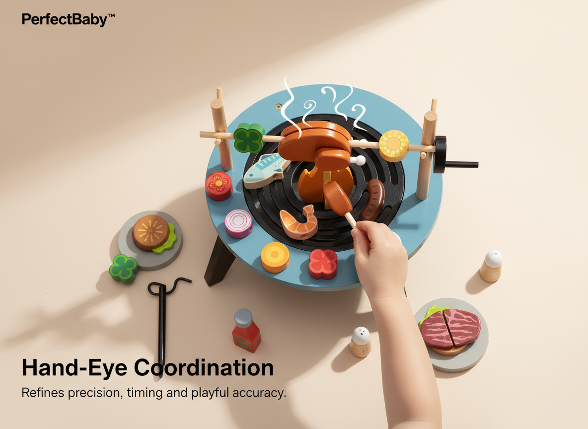 Children's toy kitchen set with a hand interacting with it, on a beige background.